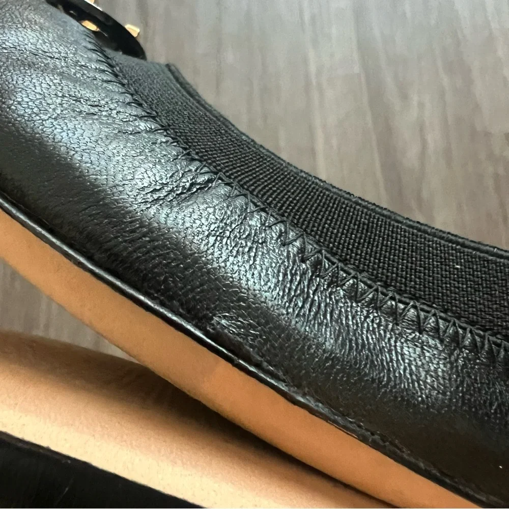 Tory Burch Black Leather Claire Elastic Flat with Gold Emblem never worn